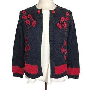 Alpaca Embroidered Open Cardigan Black Red Small Soft Boho Festival